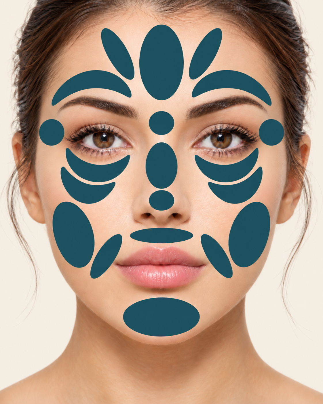 A woman's face marked with teal facial reflexology zones on the forehead, cheeks, nose, mouth and chin