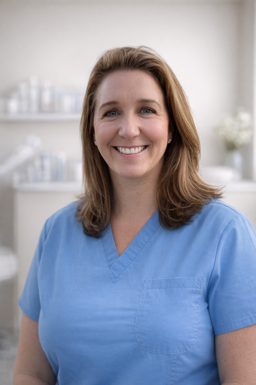 Joanne Clayton, skin expert, smiling in blue clinical scrubs